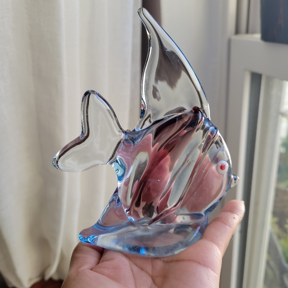 Murano-Style Art Glass Clear  Blue Fish Paperweight Red-Eyed Accent